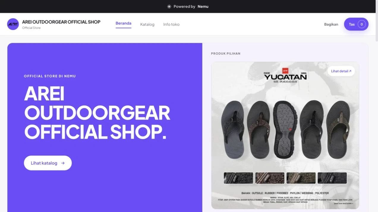 Tampilan halaman publik toko Arei Outdoor Gear di Nemu